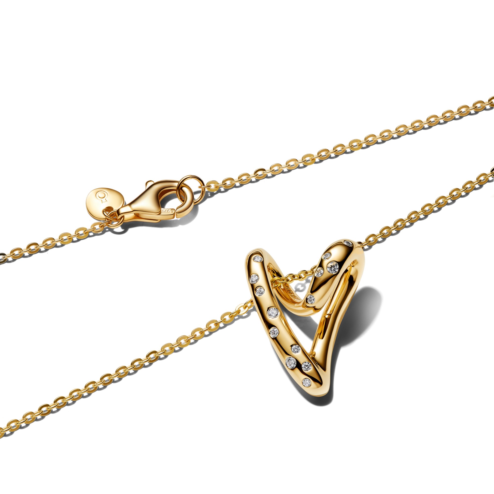 Pandora Organisch geformte Herz-Anhänger-Halskette mit Steinen Zirkonia 60 cm - Gelbgold Vergoldung – Ansicht 3
