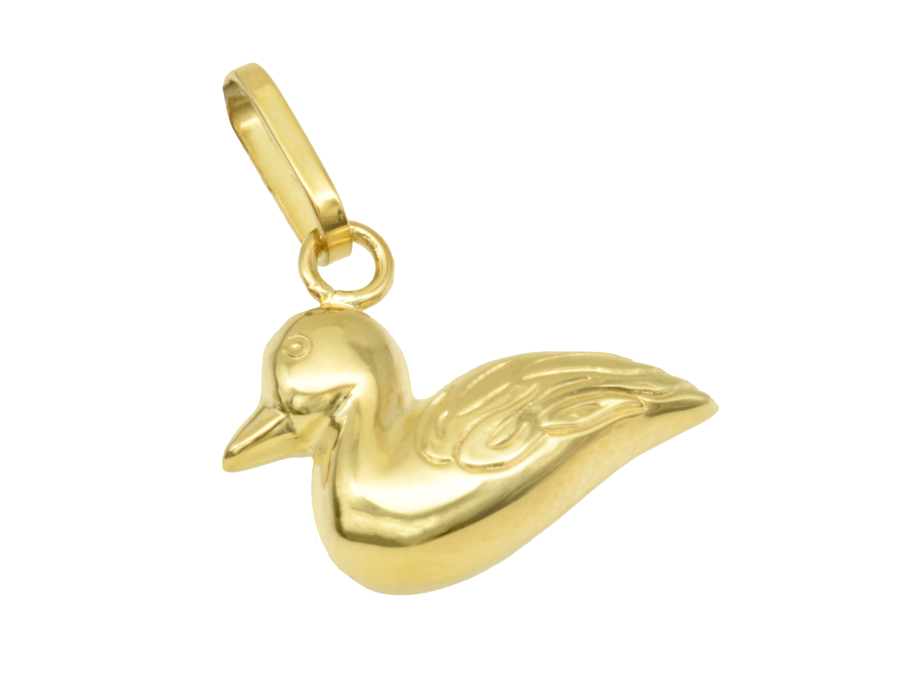 Silber Anhänger in Form eines Entchens, aus gelbgold vergoldet und poliert, Hersteller Juwelier Harnisch, ideal als Schmuckstück für Tierliebhaber.