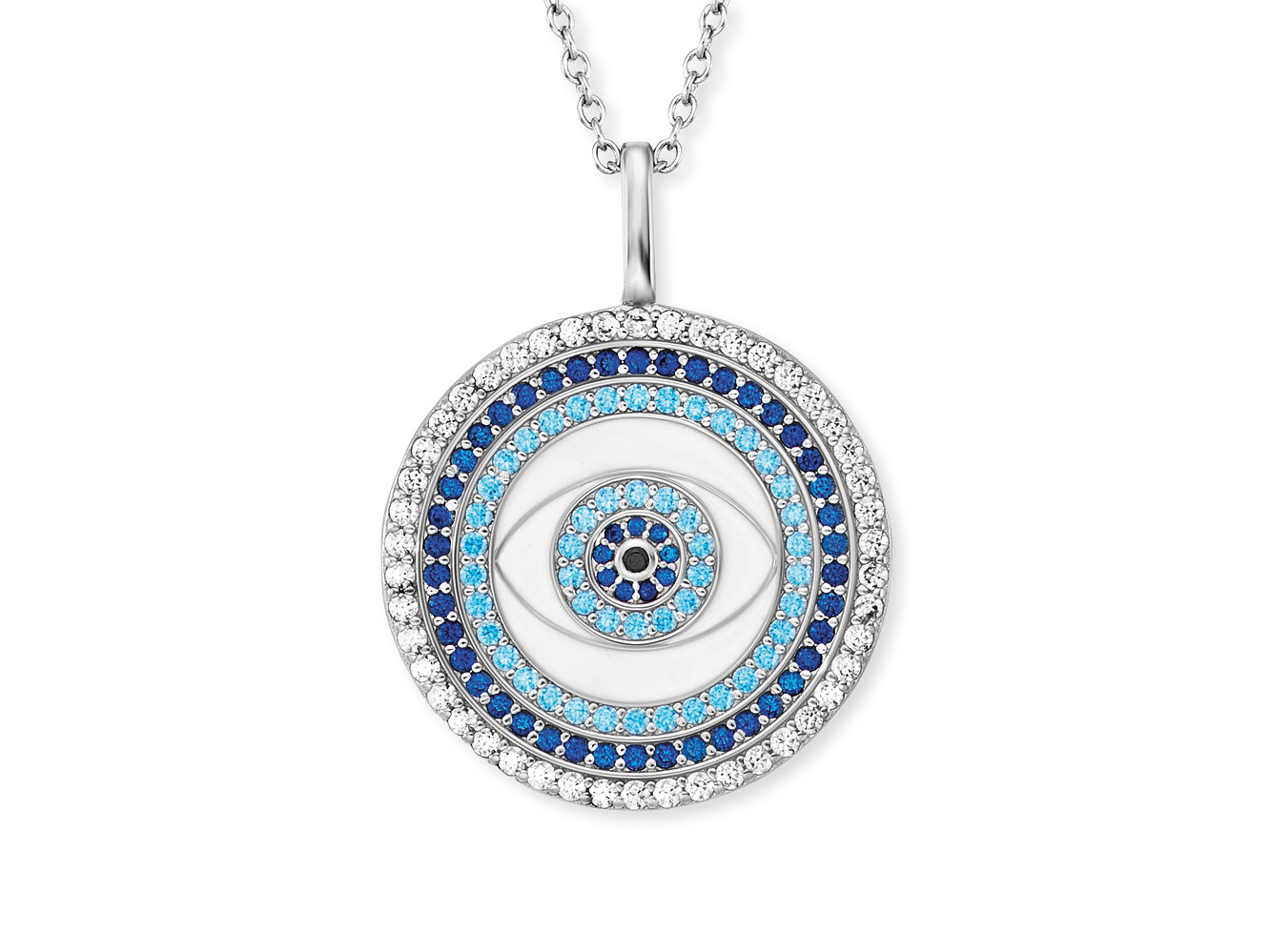 Silberne Kette mit runden, spiralförmigen Anhänger in Multicolor, mit Zirkonia und Emaille in Blau- und Türkistönen, Durchmesser 21 mm, Edelstahl rhodiniert, Länge 45 cm.