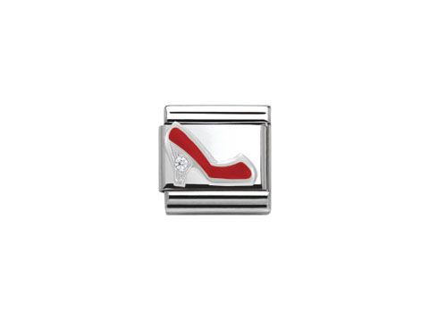 Schmuckelement in Form eines roten Schuhs mit Absatz, verziert mit Zirkonia und hergestellt von Nomination SilverShine, ideal für modebewusste Accessoires.