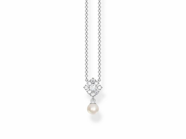Kette mit Anhänger aus Silber, verziert mit Zirkonia in Weiß und einer Perle, von Thomas Sabo, ein elegantes Schmuckstück, einstellbare Länge von 40 bis 45 cm.