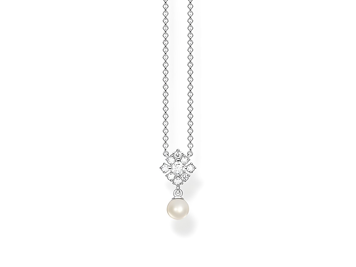 Kette mit Anhänger aus Silber, verziert mit Zirkonia in Weiß und einer Perle, von Thomas Sabo, ein elegantes Schmuckstück, einstellbare Länge von 40 bis 45 cm.