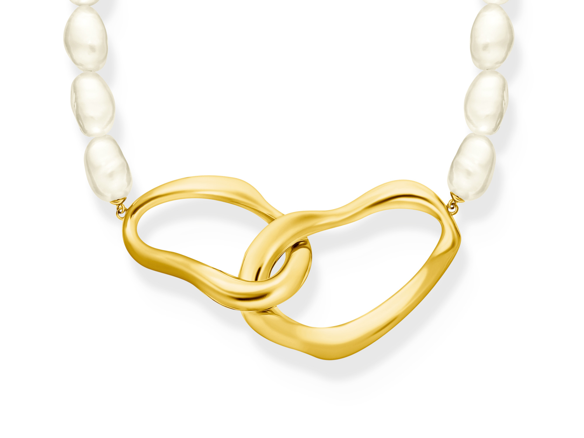 Zarte Zuchtperlenskette von Thomas Sabo mit einem eleganten, vergoldeten Herzdesign, ideal für zeitlose Styles und besonderen Anlässe, Länge 45 bis 50 cm, Silber vergoldet.