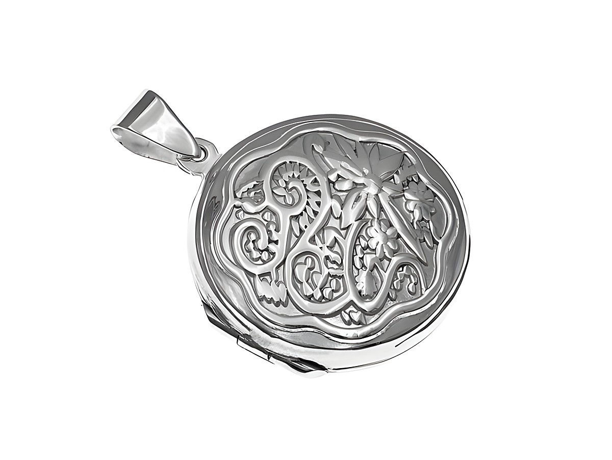 Rundes silbernes Medaillon mit floralem Design, geeignet für zwei Bilder, hergestellt von Juwelier Harnisch. Das Medaillon hat eine elegante und kunstvolle Oberfläche.