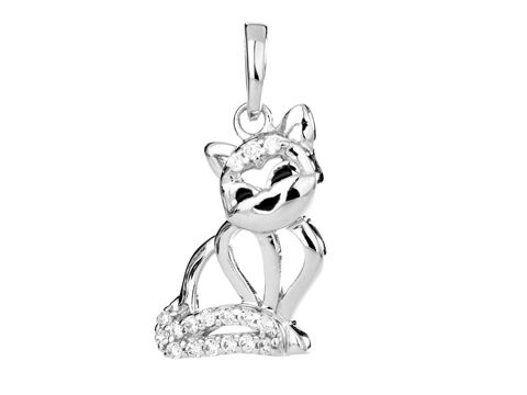 Katze Anhänger aus rhodiniertem Silber mit schwarzen Lackdetails und weißen Zirkonia. Hersteller: Juwelier Harnisch. Elegantes Tierdesign für Schmuckliebhaber.