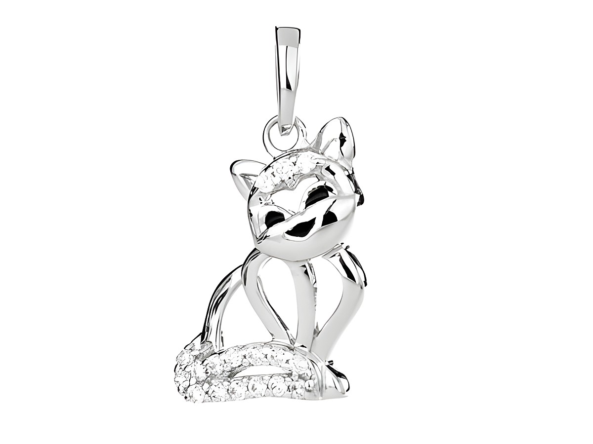 Katze Anhänger aus rhodiniertem Silber mit schwarzen Lackdetails und weißen Zirkonia. Hersteller: Juwelier Harnisch. Elegantes Tierdesign für Schmuckliebhaber.