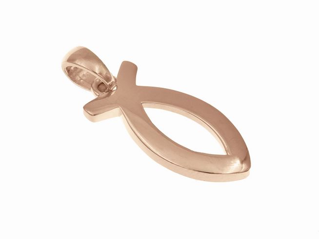 Anhänger Ichthys in Form eines christlichen Fisches aus Sterling Silber mit Roségold Vergoldung, elegant und symbolisch, hergestellt von Juwelier Harnisch, ideal für religiöse Anlässe.