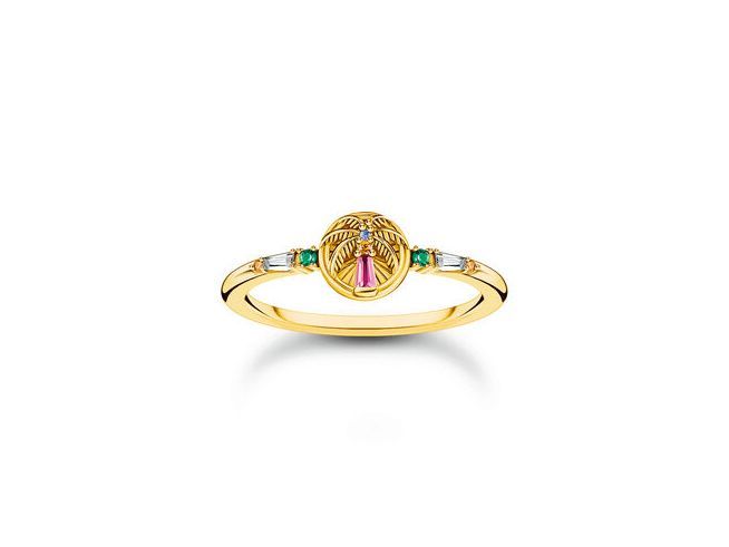 Ring von Thomas Sabo mit Palmenmotiv in Gold und Silber, verziert mit bunten Steinen, Größe 56, elegant und verspielt, ideal für Festival-Looks.