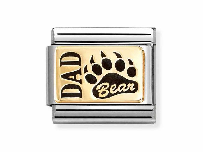 Ein elegantes Emaille-Armband mit goldenem Hintergrund, auf dem die Worte "DAD" und "Bear" sowie ein Pfotenabdruck abgebildet sind. Ideal für das tägliche Leben.