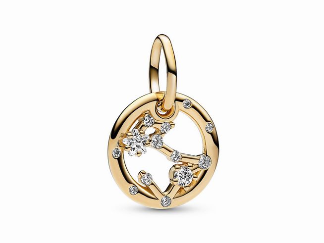 Charm-Anhänger in Gelbgold Vergoldung mit Zirkonia-Steinen, geformt als Symbol für das Sternzeichen Fische, elegant und funkelnd, ideal als Schmuckstück für persönliche Anlässe.