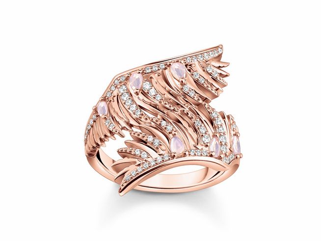 Eleganter Ring von Thomas Sabo aus Sterling Silber, vergoldet in Roségold, im Design eines Phönixflügels mit funkelnden Steinen, Größe 56.