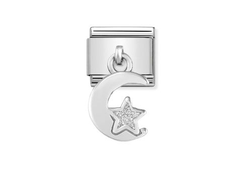 Charm von Nomination Classic in Silber mit einem Mond und einem glitzernden Stern, ideal für die persönliche Schmuckkollektion und als stilvolles Accessoire.