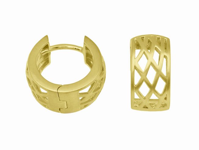Creolen mit Gitternetzdesign in 1,3 cm Größe aus Sterling Silber mit Gelbgold Vergoldung, hergestellt von Juwelier Harnisch, ideal für einen eleganten Look bis 15 mm.
