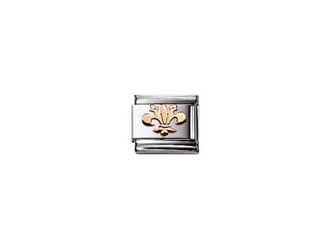Ein Nomination Classic FUN Lilie Element in der Ausführung 030110, gefertigt aus Edelstahl mit einer goldenen Lilienprägung, ideal für die Gestaltung von Armbändern.