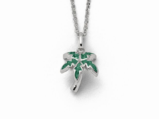 Hängende Sterling Silber Kette mit einem Palmblatt-Anhänger aus grünem Steinsand, elegante und trendige Schmuckausführung von DUR, Länge 42 cm.
