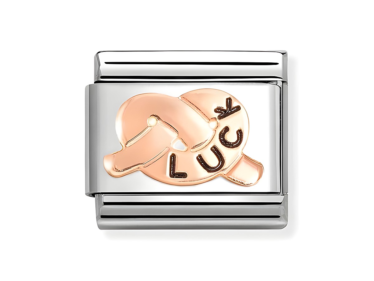 Knoten LUCK in Roségold und Emaille auf einem silbernen Hintergrund, stylischer Charm von Nomination, geeignet für Armbänder und Schmuckliebhaber.