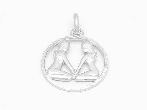 Zwei stilisierte Figuren, die sich gegenüber sitzen und die Hände berühren, umgeben von einem runden Rahmen aus diamantiertem Sterling Silber, Zwilling Sternzeichen, Hersteller Juwelier Harnisch.