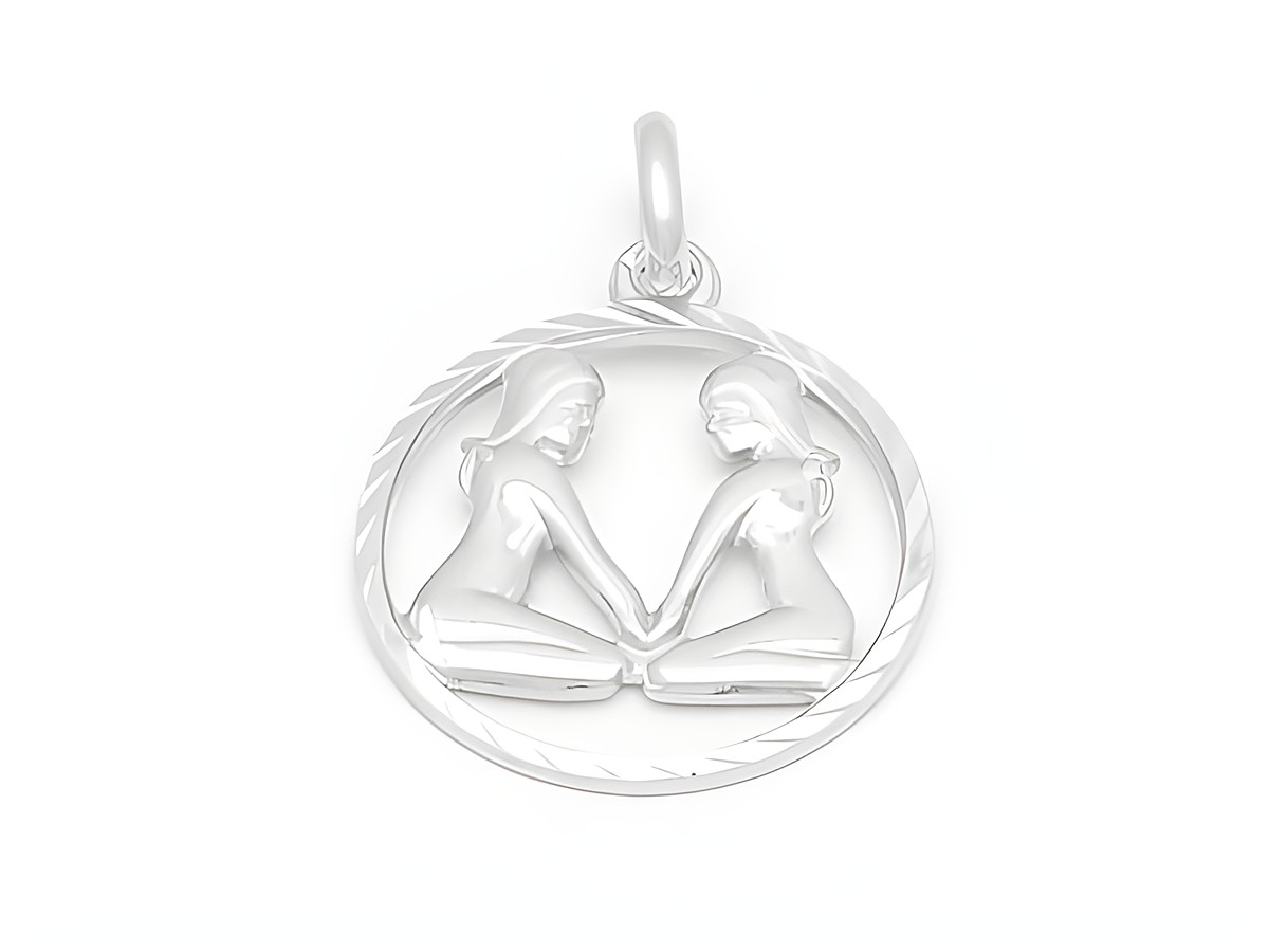 Zwei stilisierte Figuren, die sich gegenüber sitzen und die Hände berühren, umgeben von einem runden Rahmen aus diamantiertem Sterling Silber, Zwilling Sternzeichen, Hersteller Juwelier Harnisch.