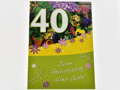 Geburtstagskarte mit bunten Blumen und der Zahl 40. Der Text "Zum Geburtstag alles Gute" ist prominent platziert. Hersteller: Juwelier Harnisch, für Geburtstagskarten geeignet.