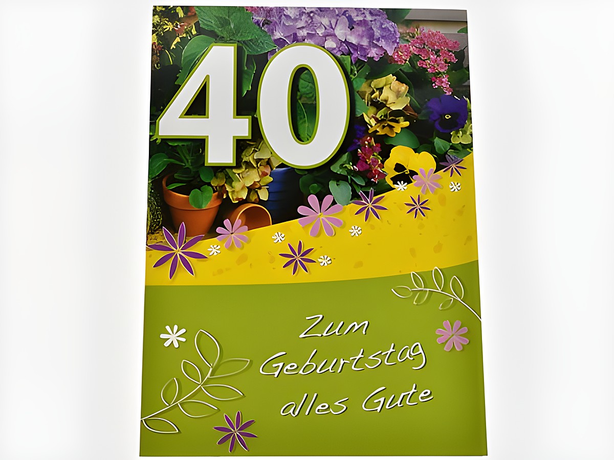 Geburtstagskarte mit bunten Blumen und der Zahl 40. Der Text "Zum Geburtstag alles Gute" ist prominent platziert. Hersteller: Juwelier Harnisch, für Geburtstagskarten geeignet.