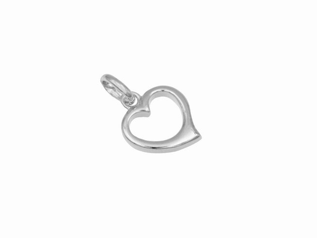 Ein dekorativer Anhänger in Herzform aus rhodiniertem Sterling Silber, hergestellt von Juwelier Harnisch. Der Anhänger hat eine plastische Ausführung und wirkt elegant und stilvoll.
