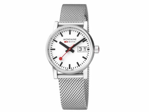 Elegante Mondaine SBB evo2 30 mm Damen Armbanduhr mit Saphirglas, Big Date Anzeige und silbernem Milanaisearmband, schlichte weiße Ziffern und rote Zeiger für stilvollen Look.