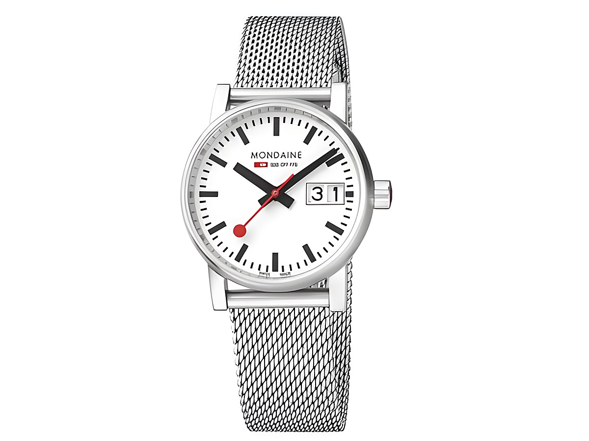 Elegante Mondaine SBB evo2 30 mm Damen Armbanduhr mit Saphirglas, Big Date Anzeige und silbernem Milanaisearmband, schlichte weiße Ziffern und rote Zeiger für stilvollen Look.