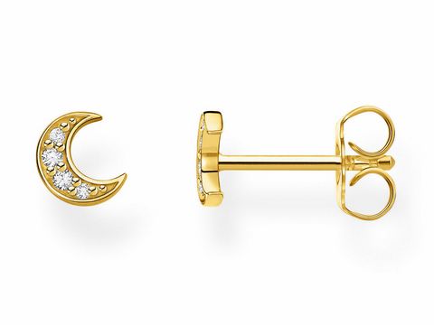 Ohrstecker in Form eines Mondes aus Silber mit gelbgoldener Beschichtung und klaren Zirkonia-Steinen. Elegant und romantisch, ideal für jeden Anlass, Hersteller Thomas Sabo.