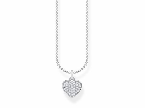 Kette von Thomas Sabo Charming Collection mit silbernem Herzanhänger, besetzt mit klaren Zirkoniasteinen, in der Länge von 36-38 cm. Elegantes Schmuckstück für jeden Anlass.