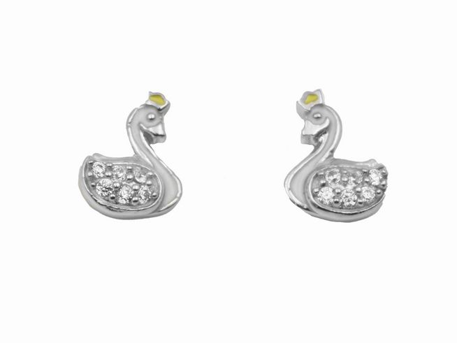 Ohrstecker in Form von kleinen Schwänen aus rhodiniertem 925 Sterling Silber, poliert und verziert mit glänzenden Zirkonia-Steinen, geeignet für Kinder.