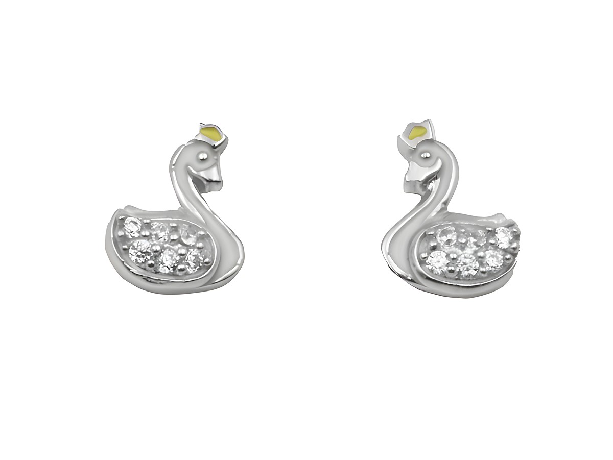 Ohrstecker in Form von kleinen Schwänen aus rhodiniertem 925 Sterling Silber, poliert und verziert mit glänzenden Zirkonia-Steinen, geeignet für Kinder.