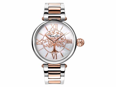 Damenuhr von Thomas Sabo, Modell WA0315-272-213, mit Edelstahl-Armband, rosegoldenen Akzenten und einem Ziffernblatt mit Baumdesign aus Perlmutt. Elegant und modern gestaltet.