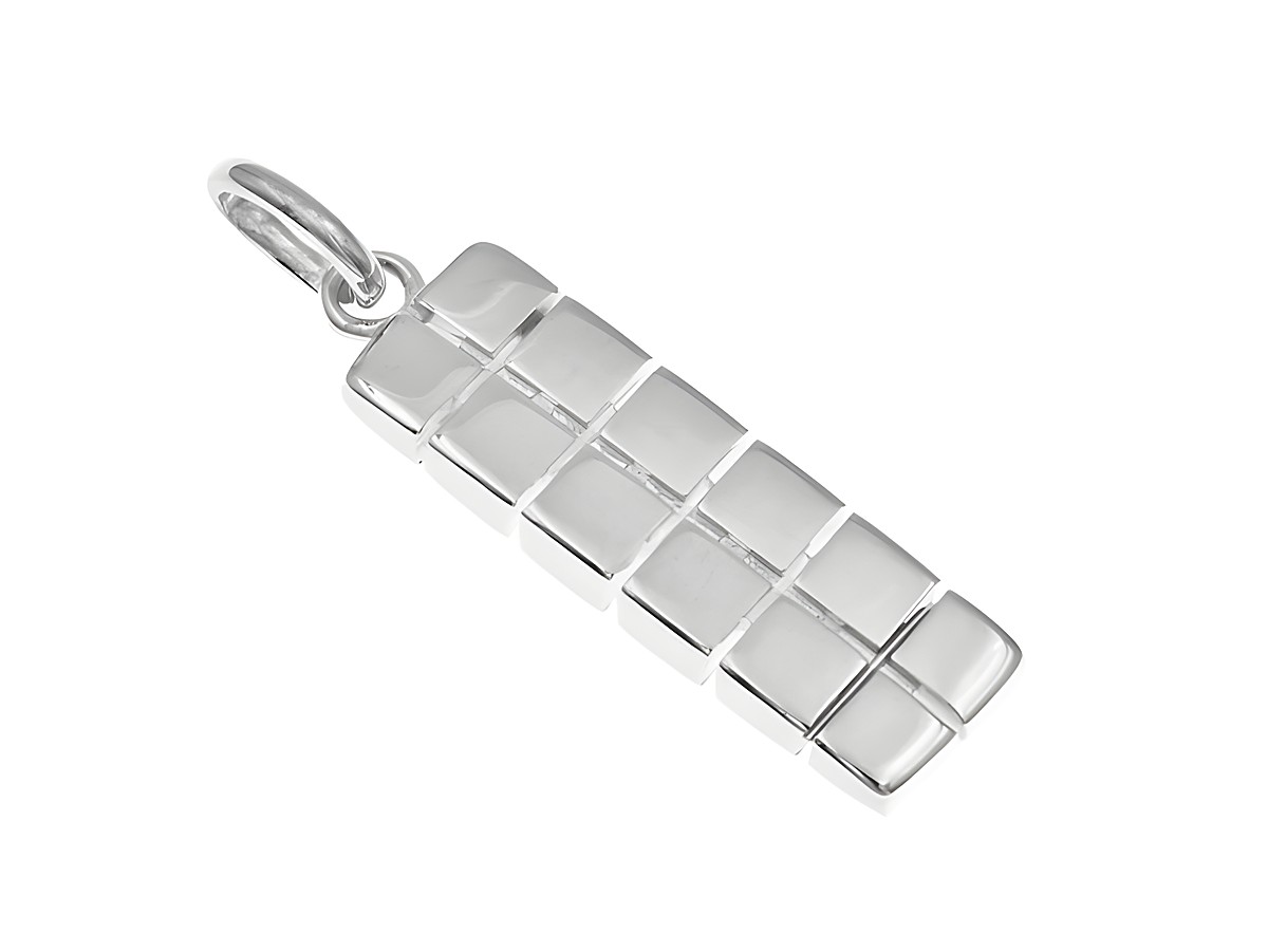 Hängender Klötzchen Stab aus rhodiniertem Sterling Silber mit verschiedenen Motiven, glänzende Oberfläche, modernes Design, ideal als Schmuckstück von Juwelier Harnisch.