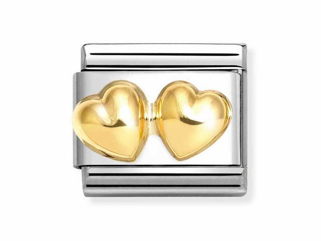 Doppeltes Herz aus gelbgold und edelstahl, gewölbt, im klassischen Design, hergestellt von Nomination, ideal als Schmuckstück für besondere Anlässe oder als Geschenk.