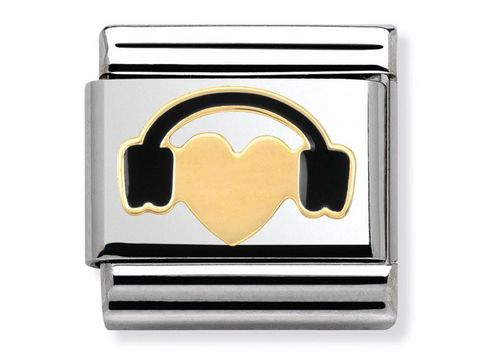 Edelstahlarmband mit emailliertem goldenen Herz und schwarz-weißem Kopfhörer, einzigartiges Design von Nomination Classic Love, ideal für Musikliebhaber.