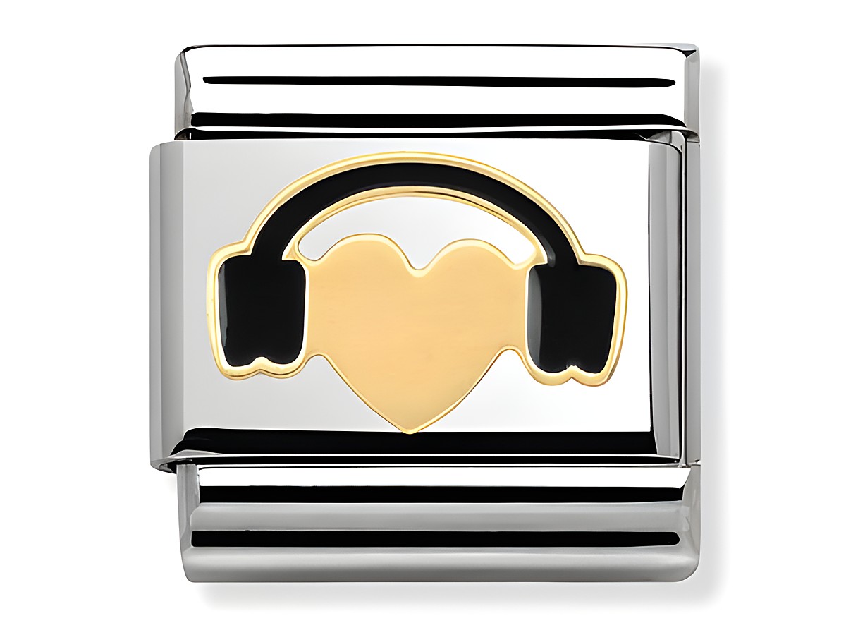 Edelstahlarmband mit emailliertem goldenen Herz und schwarz-weißem Kopfhörer, einzigartiges Design von Nomination Classic Love, ideal für Musikliebhaber.