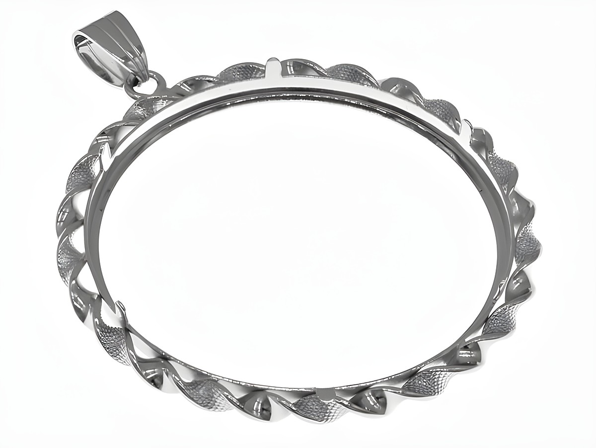 Münzfassung Anhänger aus rhodiniertem 925 Sterling Silber mit filigranem Design, geeignet für Münzen bis 41 mm Durchmesser, Hersteller Juwelier Harnisch. – Ansicht 2