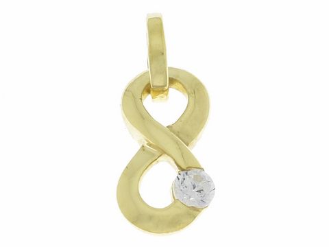 Ein silberner Anhänger in Form des Unendlichkeitssymbols, verziert mit einem Zirkonia, symbolisiert Ewigkeit und Liebe, hergestellt vom Juwelier Harnisch.