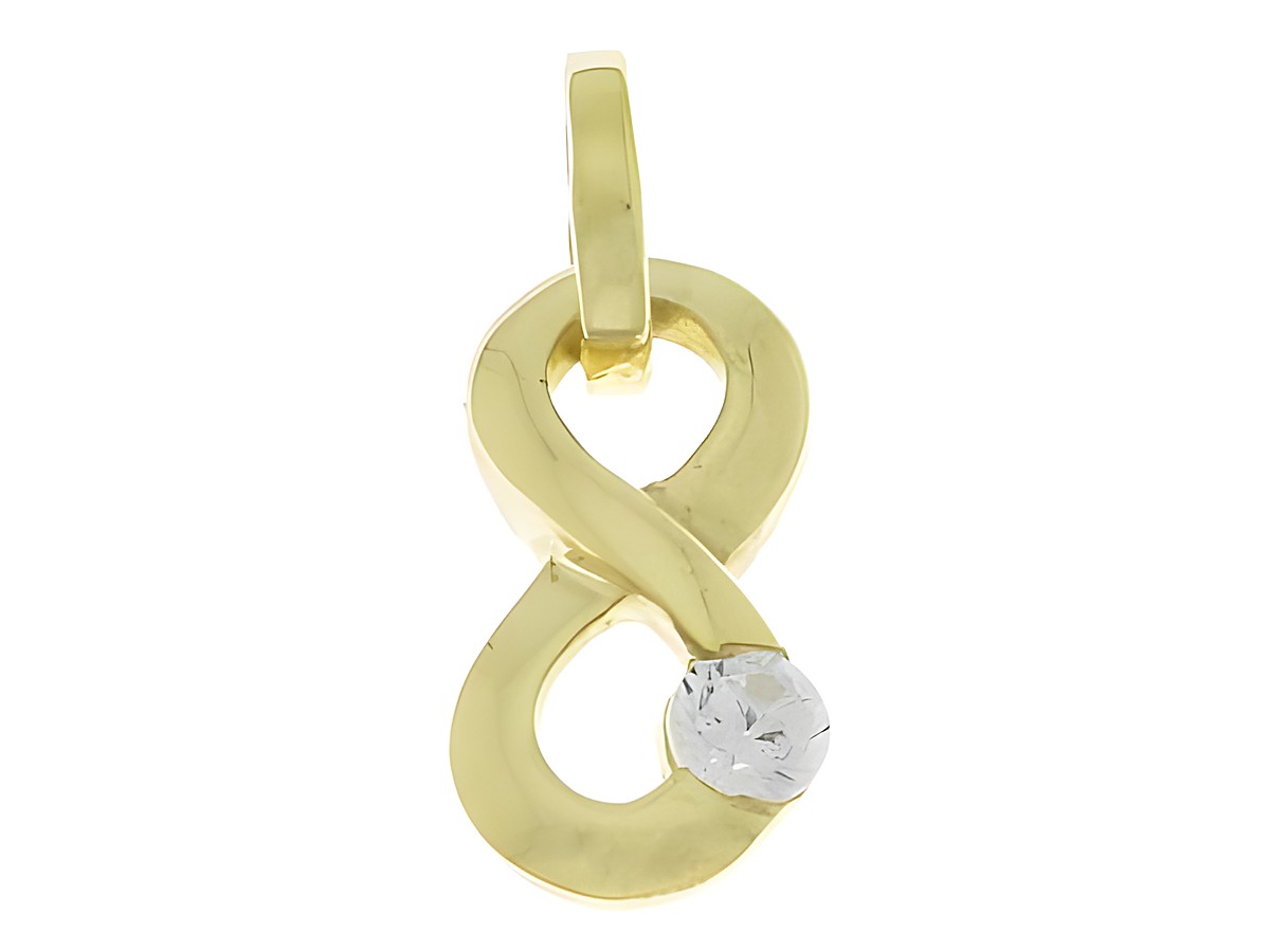 Ein silberner Anhänger in Form des Unendlichkeitssymbols, verziert mit einem Zirkonia, symbolisiert Ewigkeit und Liebe, hergestellt vom Juwelier Harnisch.