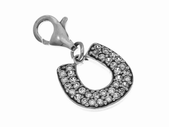 Hufeisen Glücksbringer aus Silber rhodiniert mit funkelnden weißen Zirkoniasteinen, ideal als charmantes Accessoire oder Glückssymbol, hergestellt von Juwelier Harnisch.