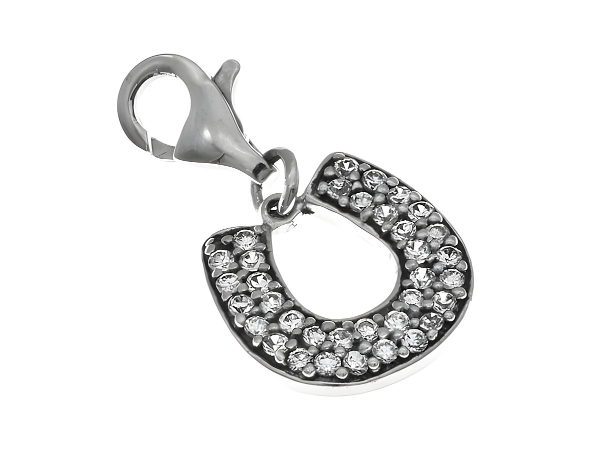 Hufeisen Glücksbringer aus Silber rhodiniert mit funkelnden weißen Zirkoniasteinen, ideal als charmantes Accessoire oder Glückssymbol, hergestellt von Juwelier Harnisch.