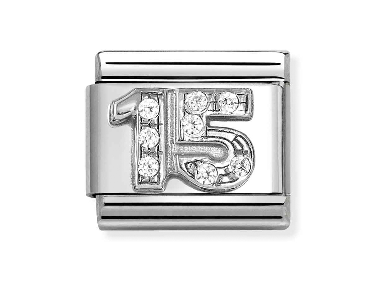 Nomination Sterling Silber 330304 49 - 15 Zirkonia - Element Classic Silber Silbernes Element von Nomination mit der Zahl 15 aus Zirkonia für ein Armband, schlichte und elegante Gestaltung, passend für jeden Anlass, Hersteller: Nomination, Neuheiten.