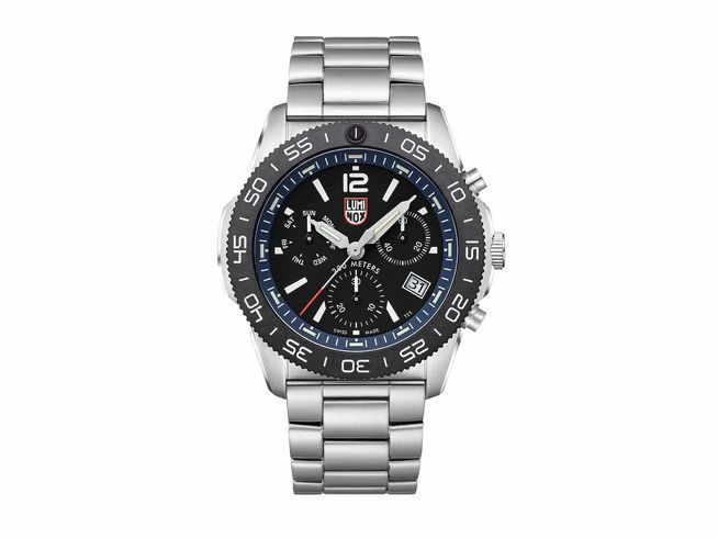 9003279-0 Luminox Uhr XS.3143.M - Pacific Diver Chrono - 44 mm mit schwarzem Ziffernblatt, blauem Lünette, Edelstahlarmband und Chronographenfunktionen. Robust und sportlich für Abenteuer.