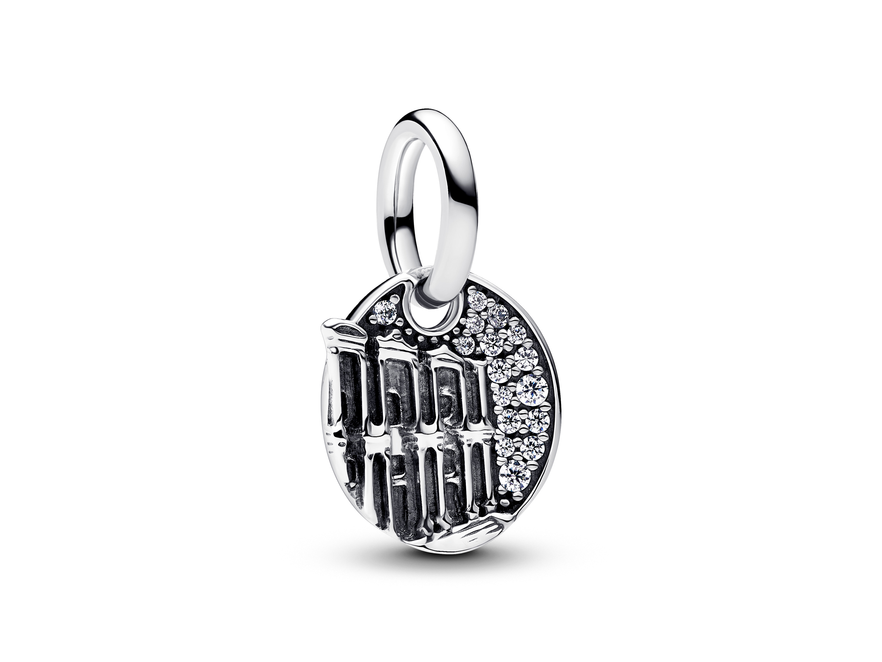 Charm-Anhänger von Pandora in Sterling Silber mit einer detaillierten Darstellung antiker Säulen und funkelnden Zirkonia, ideal für individuelle Armbänder, Neuheiten.