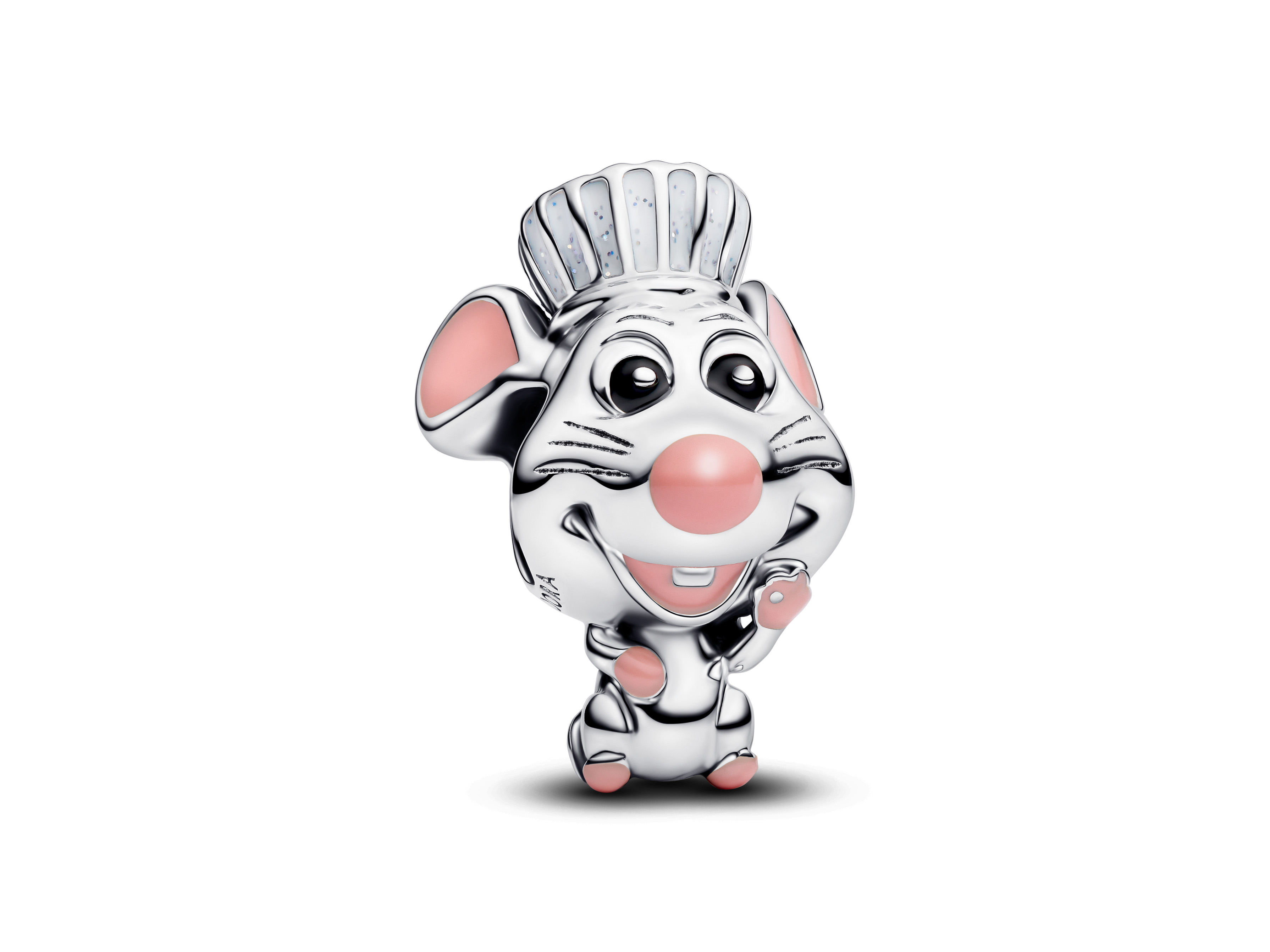 Charm aus Sterlingsilber mit einem fröhlichen Maulwurf mit Chef-Haube und rosa Akzenten, inspiriert von Disney Pixar Ratatouille. Ideal für Sammelstücke oder Geschenke.