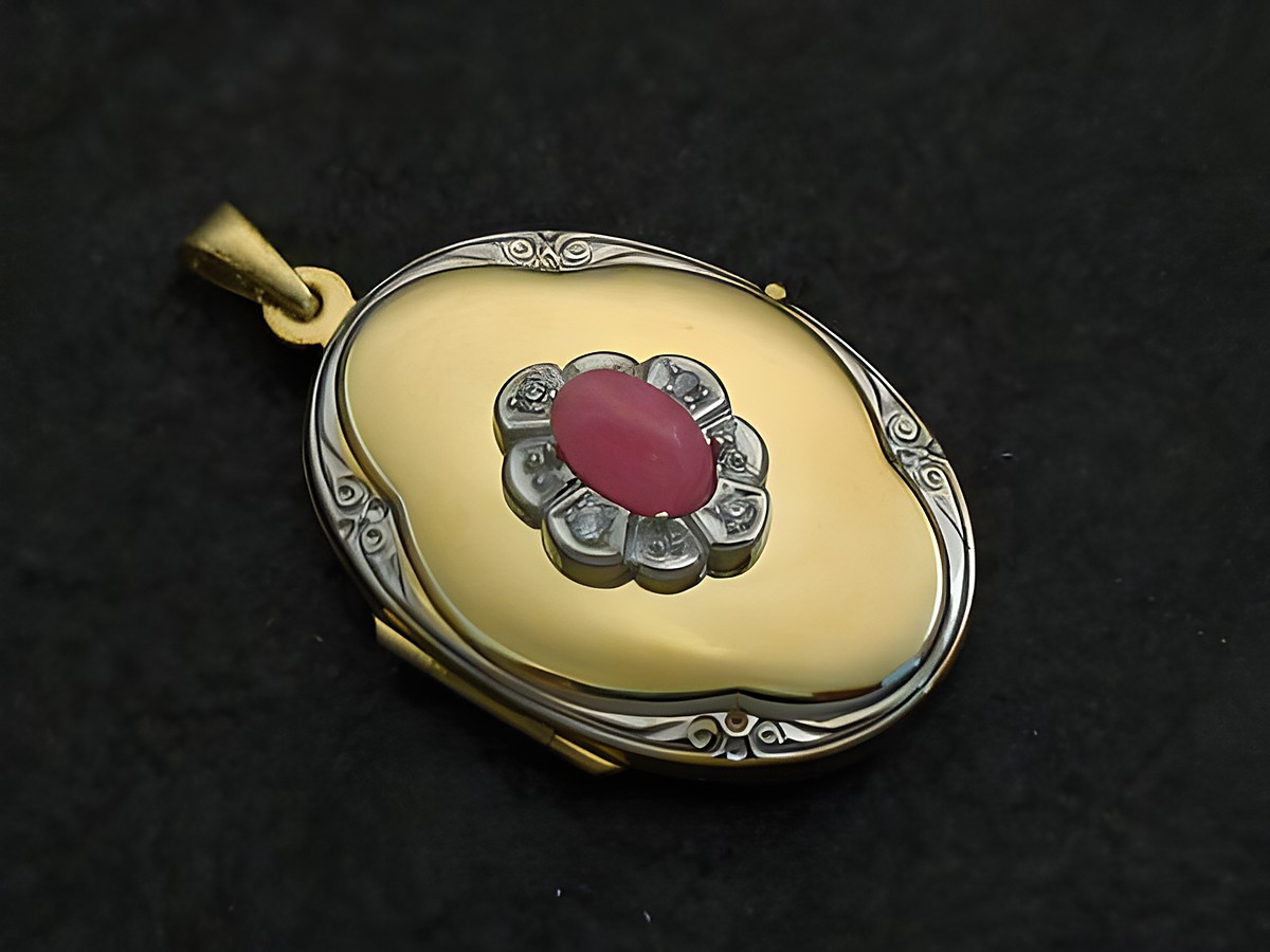 Rhodochrosit rosa Medaillon Cabochon in Gold 585 bicolor mit Brillanten, Hersteller Juwelier Harnisch, edles Design in Gelbgold 585, klassisch und elegant.