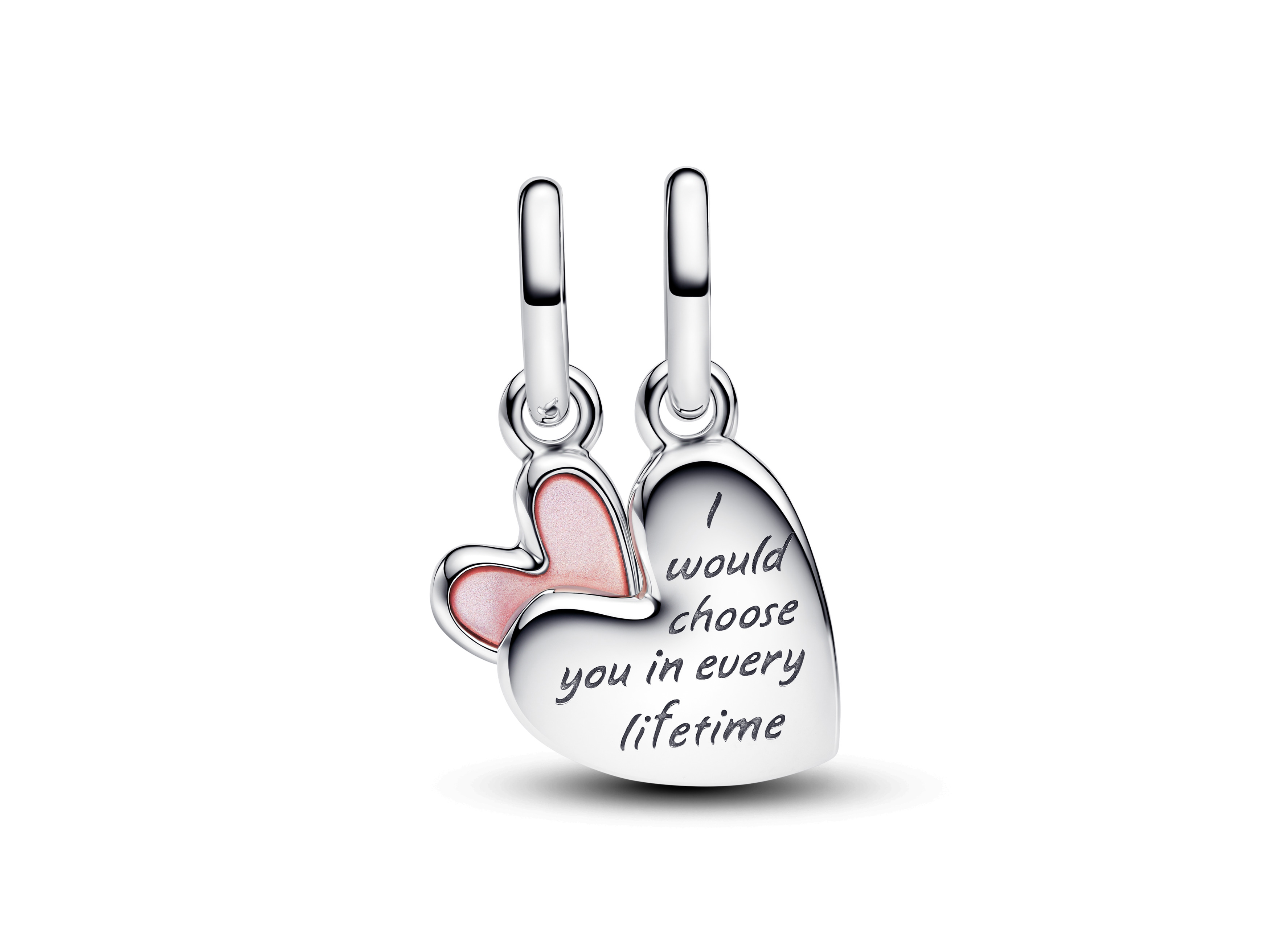 Pandora Charm aus Sterling Silber mit pinkem synthetischem Perlmutt, herzförmig und mit eingravierter Botschaft: "I would choose you in every lifetime", ideal für Mutter und Tochter.