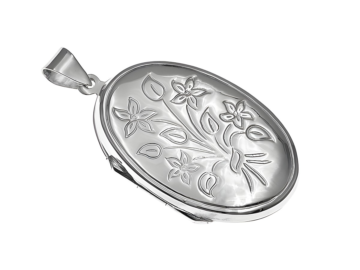Ovaler Medaillon aus Silber mit floralem Muster, geeignet für zwei Bilder, hergestellt von Juwelier Harnisch. Elegant und zeitlos im Design.