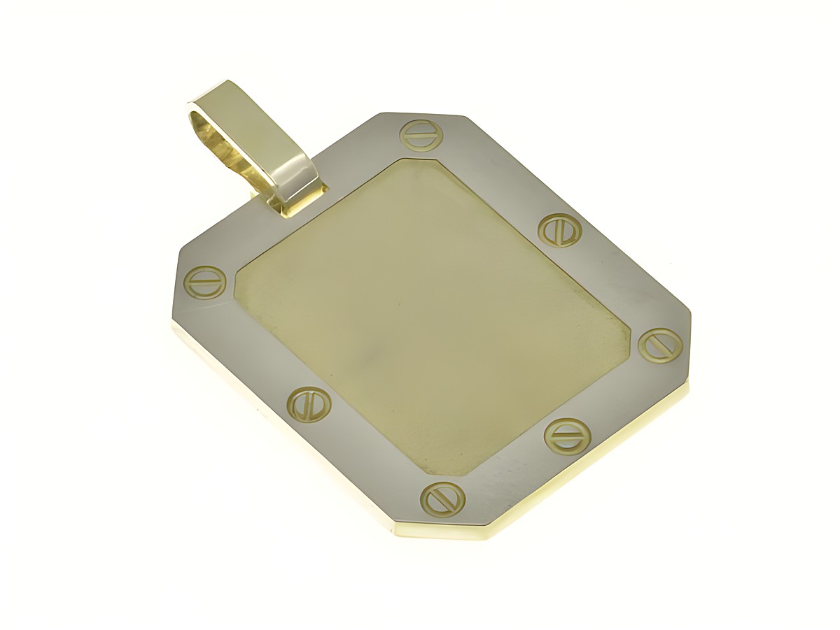 Anhänger Gravuplatte aus Sterling Silber, vergoldet in Gelbgold, mattiert und ausdrucksstark, Hersteller Juwelier Harnisch, schlichtes Design mit abgerundeten Ecken und klaren Linien.