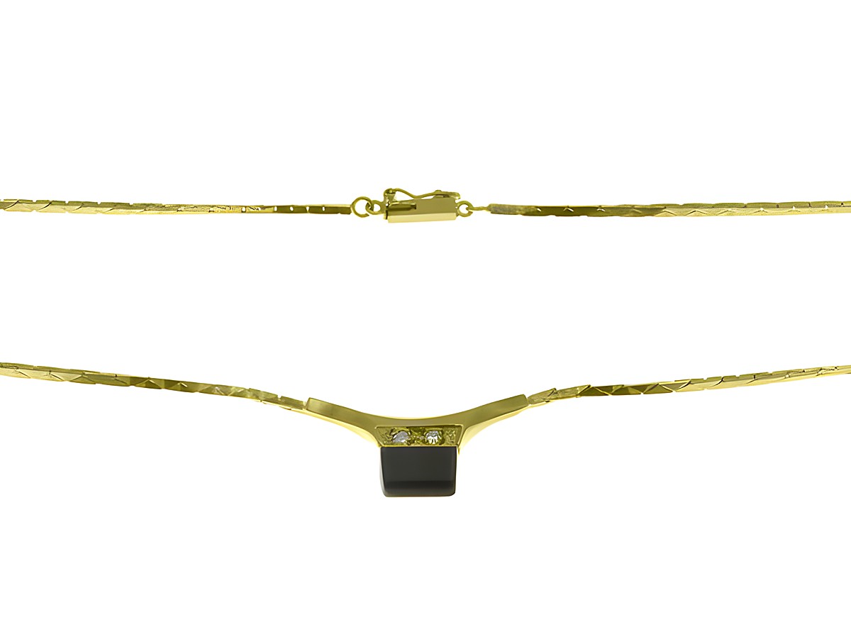Collierkette mit Mittelteil aus 333 Gelbgold, verziert mit Onyx und zwei Diamanten, Länge 45 cm, Hersteller Juwelier Harnisch, elegantes und zeitloses Design.